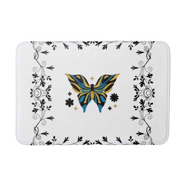 Whimsical Fluttering Black and White Butterfly Bath Mat (Front)