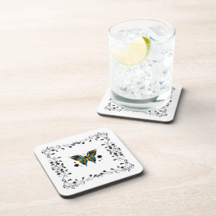 Whimsical Fluttering – Blue Butterfly Floral Art Coaster