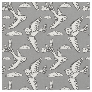 Whimsical flying birds graphic mono fabric