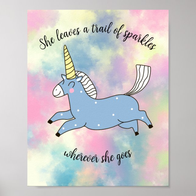 Whimsical Flying Blue Unicorns on Pastel Clouds Poster (Front)