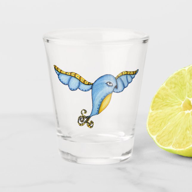 Whimsical Flying Blue Yellow Bird Fancy Scrolls Shot Glass (Front)