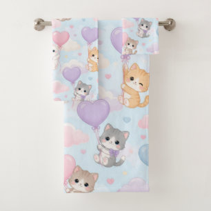 Whimsical Flying Kittens and Heart Balloons Bath Towel Set