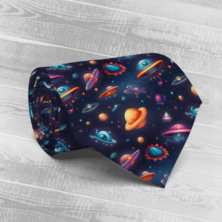 Whimsical Flying Objects Planets Space AI Art Tie