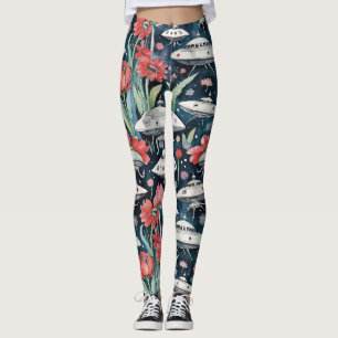 Whimsical Flying Saucers with Giant Red Flowers Leggings