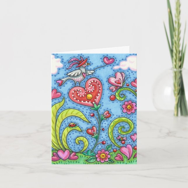 WHIMSICAL FOLK ART BIRD, PINK HEARTS GARDEN Blank Card (Front)