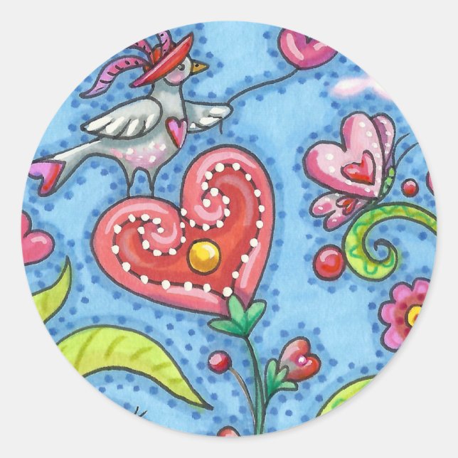 WHIMSICAL FOLK ART BIRD, VALENTINE HEARTS GARDEN CLASSIC ROUND STICKER (Front)