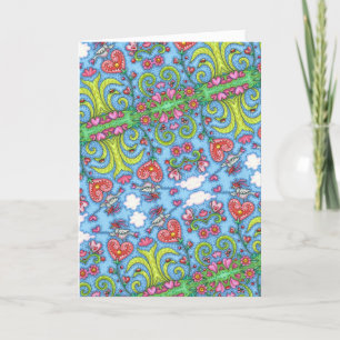 WHIMSICAL FOLK ART BIRD, VALENTINE HEARTS GARDEN HOLIDAY CARD