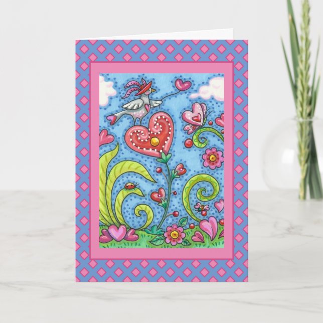 WHIMSICAL FOLK ART BIRD, VALENTINE HEARTS GARDEN HOLIDAY CARD (Front)