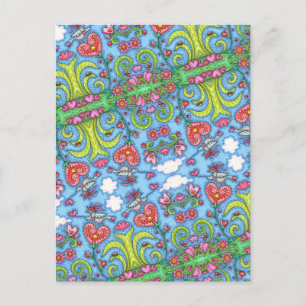 WHIMSICAL FOLK ART BIRD, VALENTINE HEARTS GARDEN HOLIDAY POSTCARD