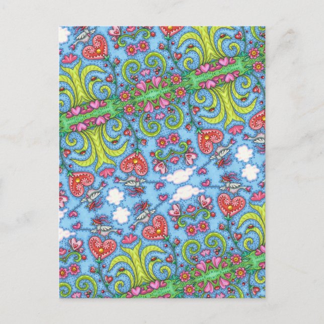 WHIMSICAL FOLK ART BIRD, VALENTINE HEARTS GARDEN HOLIDAY POSTCARD (Front)