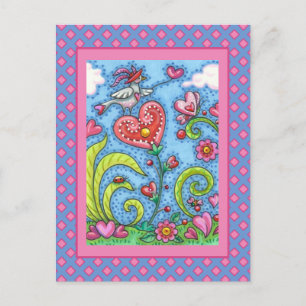 WHIMSICAL FOLK ART BIRD, VALENTINE HEARTS GARDEN HOLIDAY POSTCARD
