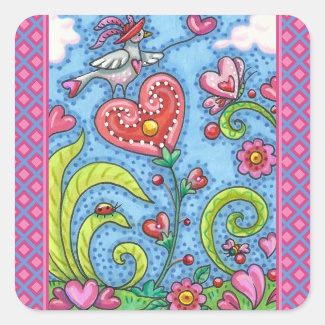 WHIMSICAL FOLK ART BIRD, VALENTINE HEARTS GARDEN SQUARE STICKER (Front)