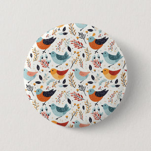 Whimsical Folk Art Birds And Leaves 6 Cm Round Badge