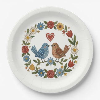 Whimsical Folk Art Birds & Floral Wreath Wedding Paper Plate