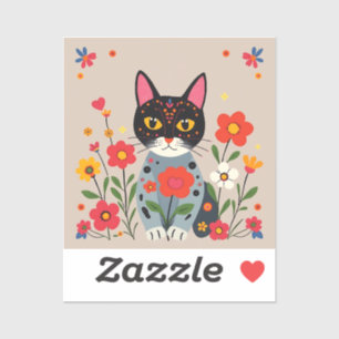 Whimsical Folk Art Black Cat and Flowers 