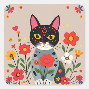Whimsical Folk Art Black Cat and Flowers  Square Sticker