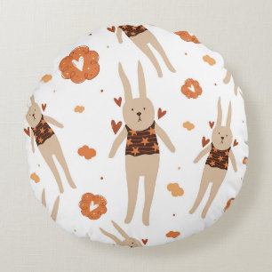 Whimsical Folk Art Bunny Character Seamless Round Cushion
