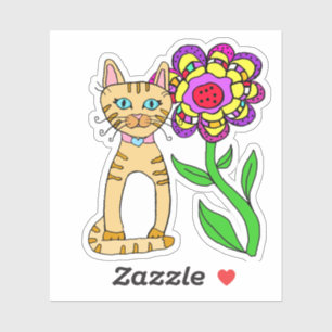Whimsical Folk Art Cat and Colourful Flower
