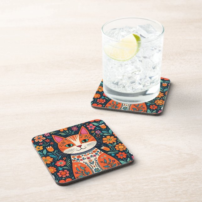 Whimsical Folk Art Cat and Flowers Coaster (Right Side)
