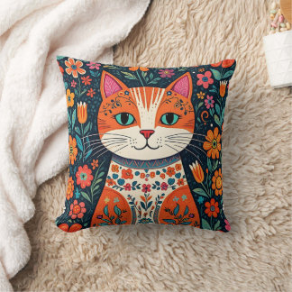 Whimsical Folk Art Cat and Flowers Cushion