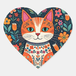 Whimsical Folk Art Cat and Flowers Heart Sticker