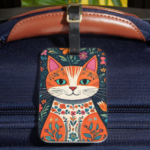 Whimsical Folk Art Cat and Flowers Luggage Tag