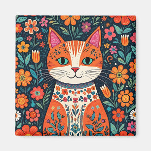 Whimsical Folk Art Cat and Flowers Magnet