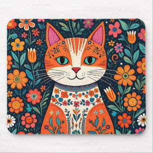 Whimsical Folk Art Cat and Flowers Mouse Pad