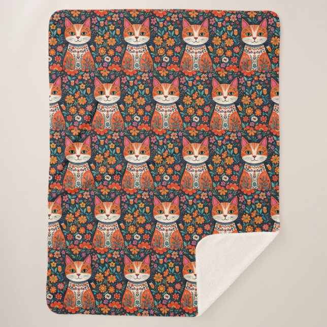 Whimsical Folk Art Cat and Flowers Sherpa Blanket (Front)