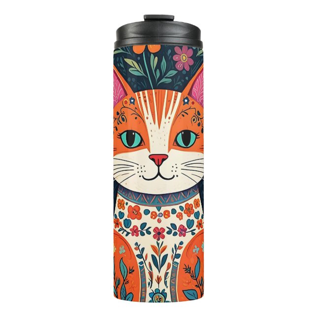 Whimsical Folk Art Cat and Flowers Thermal Tumbler (Front)