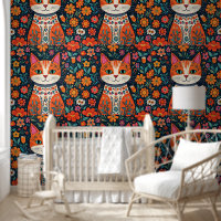 Whimsical Folk Art Cat and Flowers