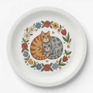 Whimsical Folk Art Cats: Rustic Floral Wedding Paper Plate