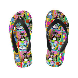 Whimsical Folk Art Colourful Cats Kid's Thongs