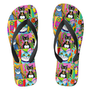 Whimsical Folk Art Colourful Cats Thongs