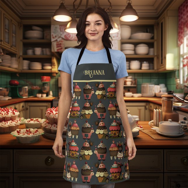 Whimsical Folk Art Cupcakes Personalised Apron (Creator Uploaded)