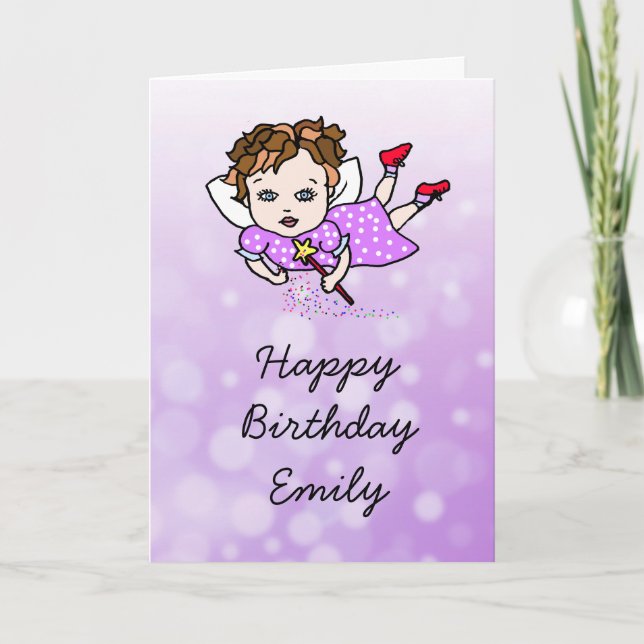 Whimsical Folk Art Fairy Girl Happy Birthday Card (Front)