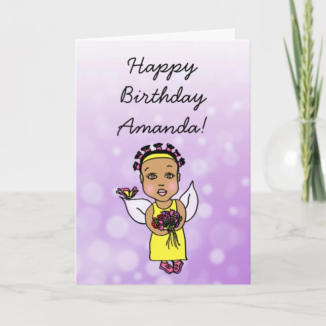 Whimsical Folk Art Fairy Girl Happy Birthday Card (Front)