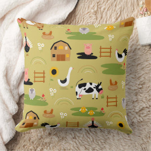 Whimsical Folk Art Farm Animals Seamless Pattern Cushion