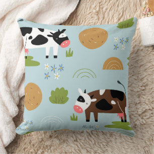 Whimsical Folk Art Farm Cows Seamless Pattern Cushion