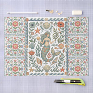 Whimsical Folk Art Floral Mermaid Collage Tissue Paper