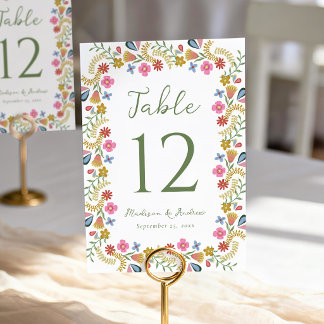 Whimsical Folk Art Floral Wedding Table Number