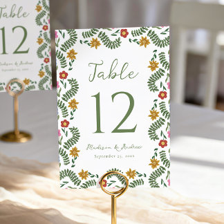 Whimsical Folk Art Floral Wedding Table Number