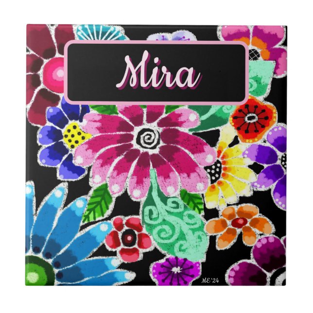 Whimsical Folk-Art Flowers Floral Personalised Ceramic Tile (Front)