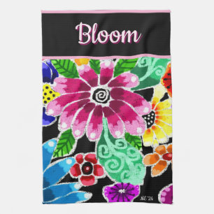 Whimsical Folk-Art Flowers Floral Personalised Tea Towel