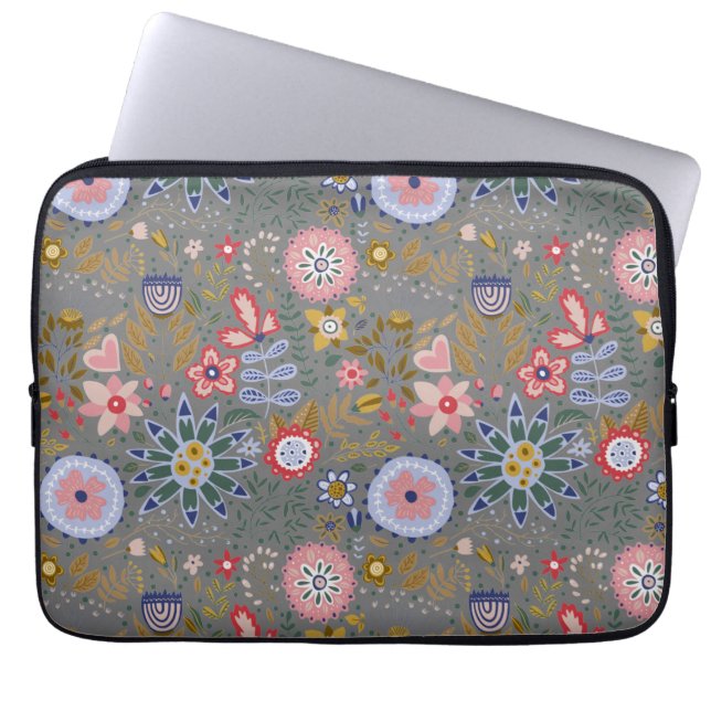 Whimsical Folk Art Flowers Grey Laptop Sleeve (Front)