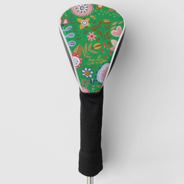 Whimsical Folk Art Flowers on Green Golf Head Cover (Front)