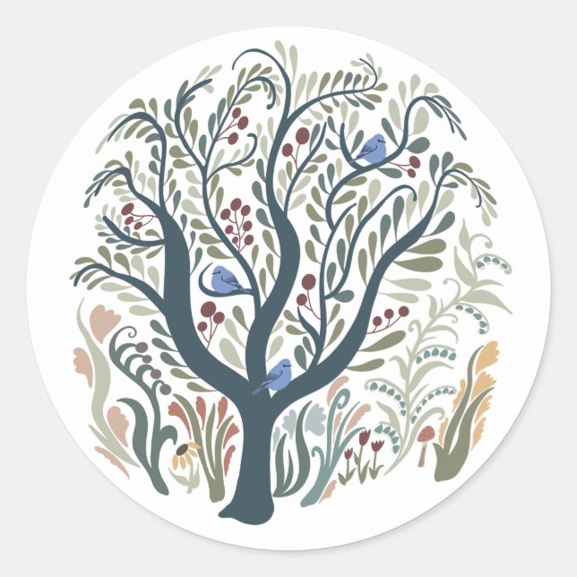 Whimsical Folk Art Forest Earth Tone Round Sticker (Front)