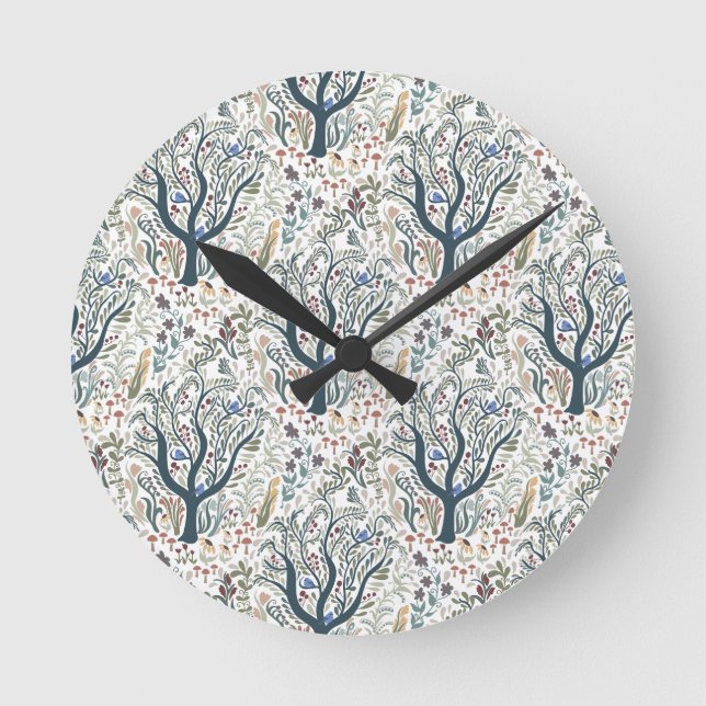 Whimsical Folk Art Forest Earth Tones Round Clock (Front)