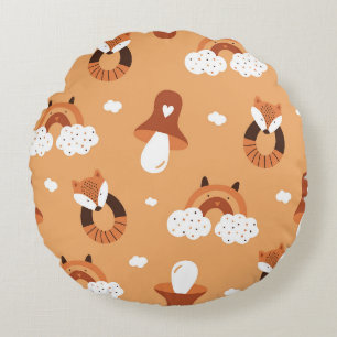 Whimsical Folk Art Fox & Woodland Mushroom Round Cushion