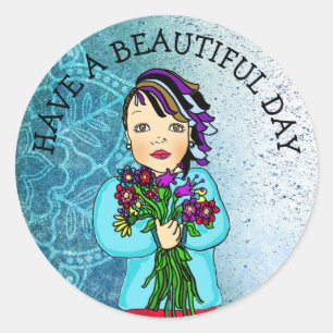 Whimsical Folk Art Girl with Flowers Beautiful Day Classic Round Sticker